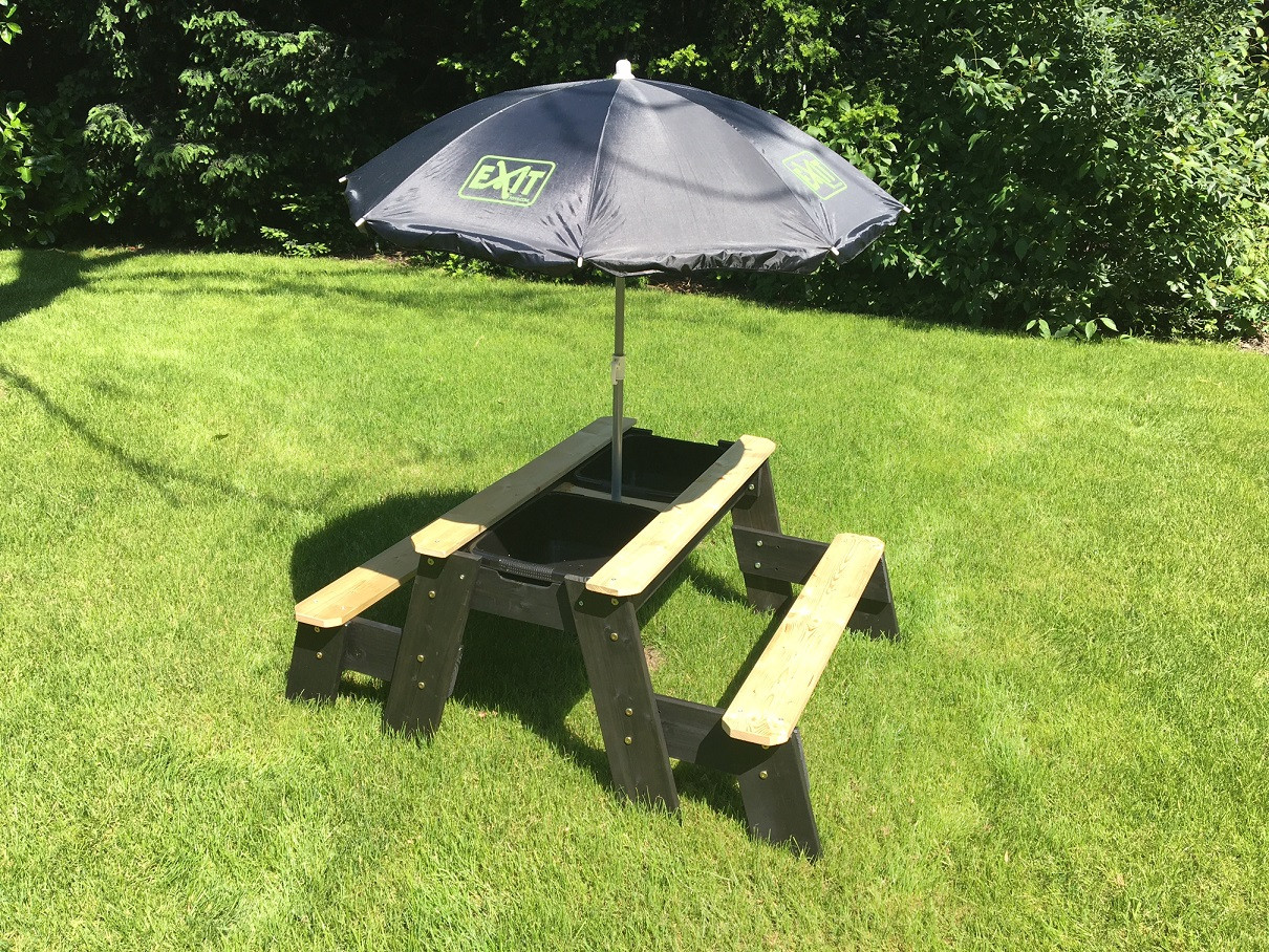 EXIT Aksent Zand-,Water- en Picknicktafel (2 bankjes) + Parasol Black Limited Edition