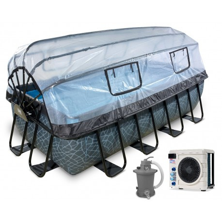 EXIT Frame Zwembad - Stone - 540 x 250 x 100 cm - met Overkapping en Zandfilter- en Warmtepomp - Grijs