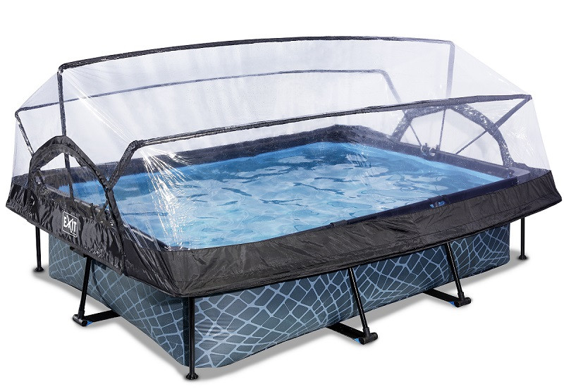 EXIT Frame Zwembad - Stone - 220 x 150 x 65 cm met Overkapping en Cartridge Filterpomp - grijs