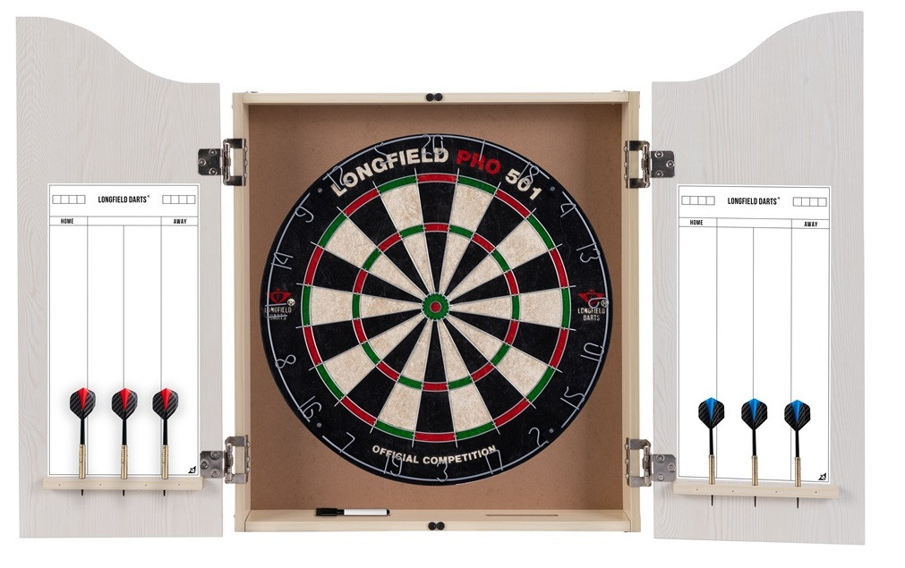 Sisal Dartbord met Houten Dartkabinet - Licht Eiken - Inclusief Pijlen