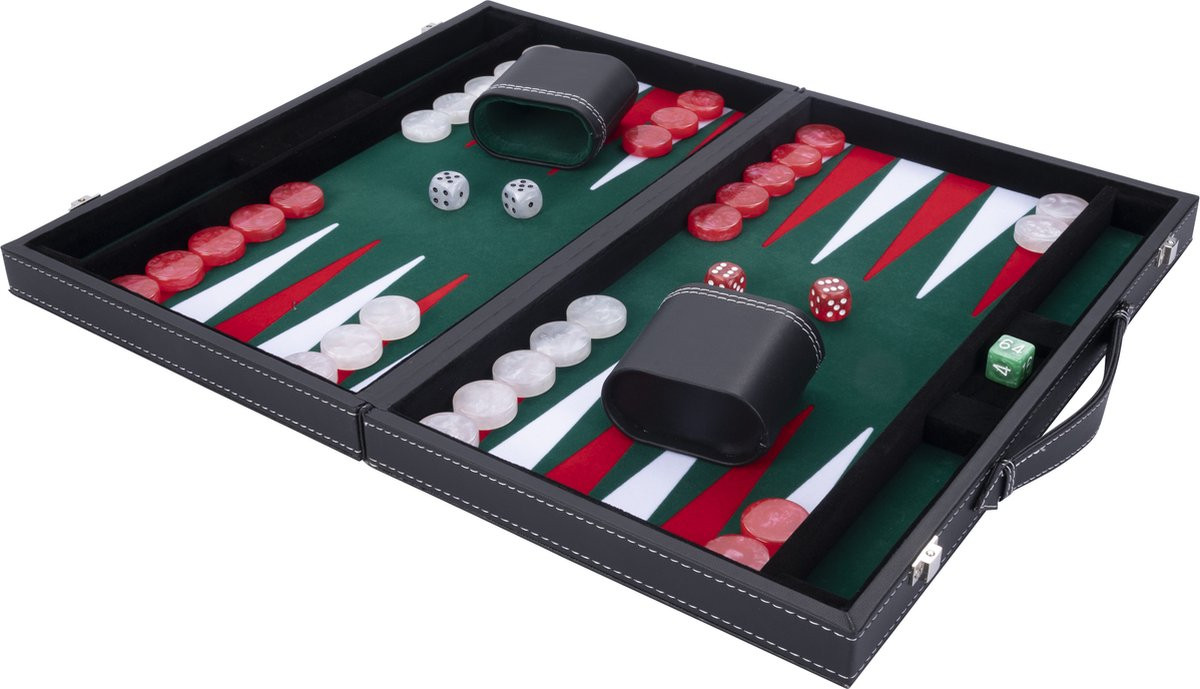 Backgammon Spel - 15 Inch - Groen, Rood & Wit - Ingelegd Vilt