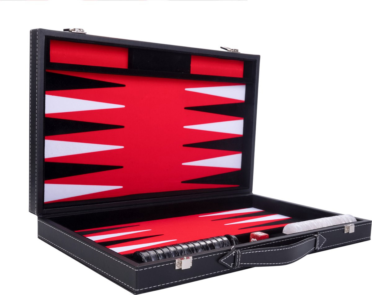 Backgammon Spel - 18 Inch - Zwart, Wit & Rood - Ingelegd Vilt