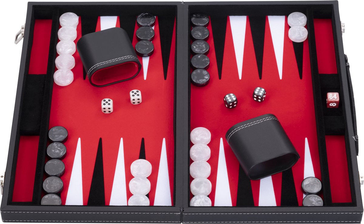 Backgammon Spel - 15 Inch - Rood, Zwart & Wit - Ingelegd Vilt