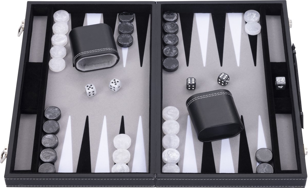 Backgammon Spel - 15 Inch - Zwart, Wit & Grijs - Ingelegd Vilt