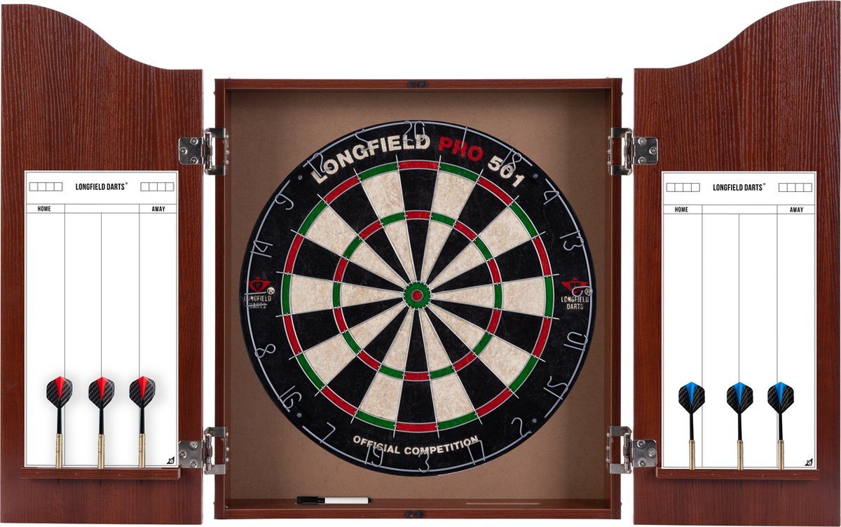 Sisal Dartbord met Houten Dartkabinet - Roodbruin - Inclusief Pijlen