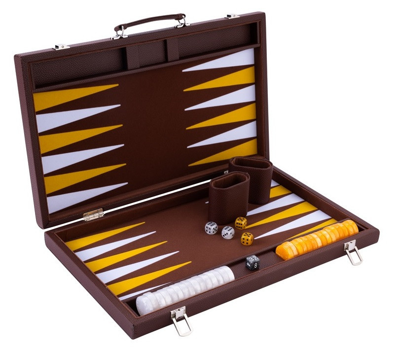 Backgammon Spel - 15 Inch - Bruin, Geel & Wit - Ingelegd
