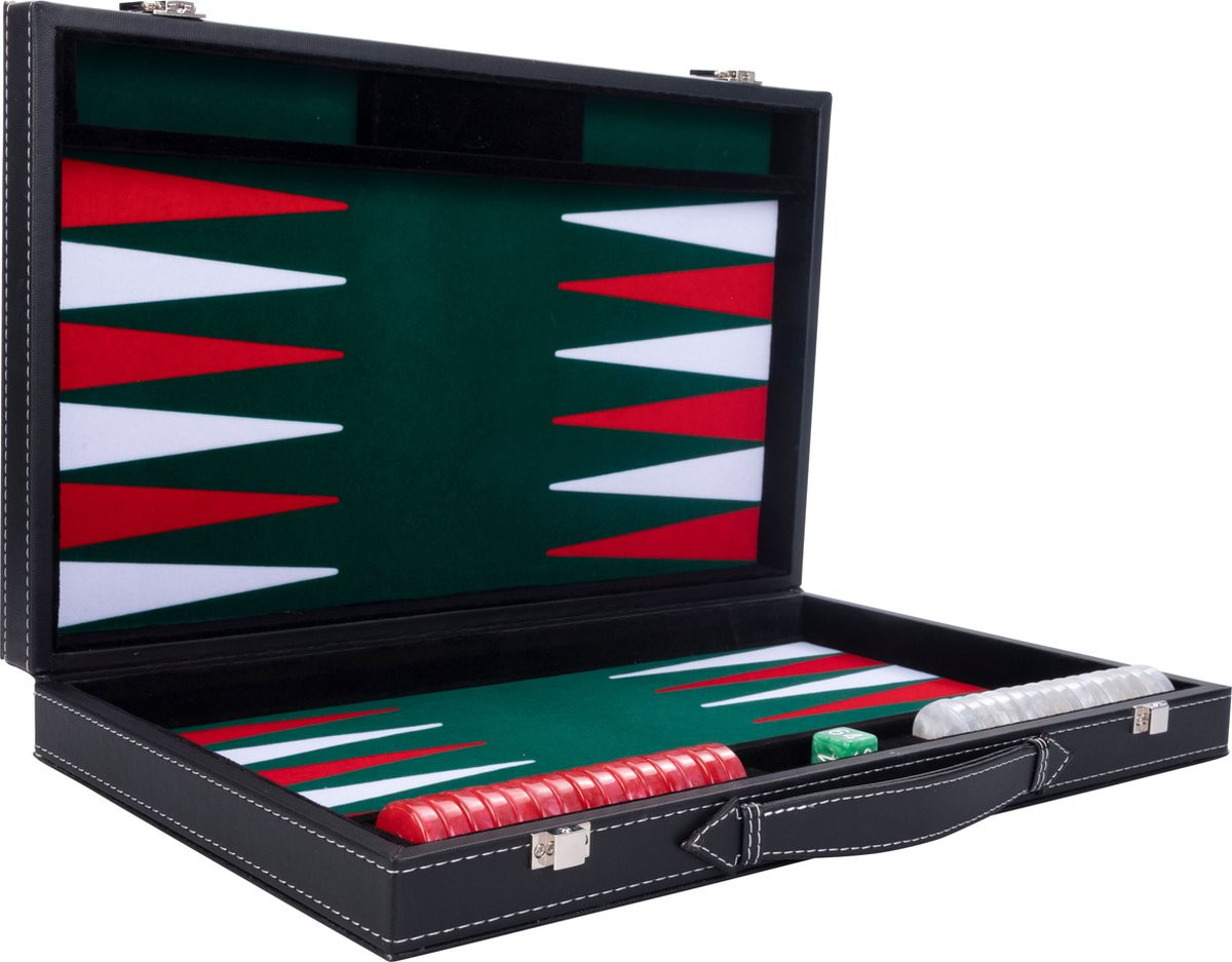 Backgammon Spel - 18 Inch - Groen, Wit & Rood - Ingelegd Vilt