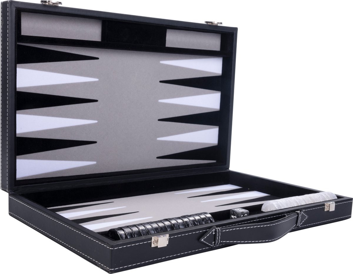Backgammon Spel - 18 Inch - Zwart, Wit & Grijs - Ingelegd Vilt